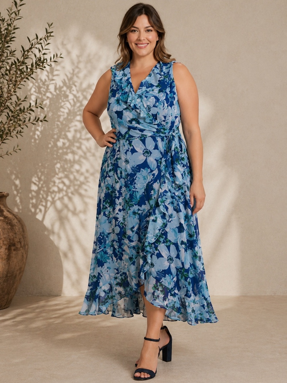 London Times Plus Size Floral-Print Ruffled Faux-Wrap Dress Size 16 Blue Ruffles
